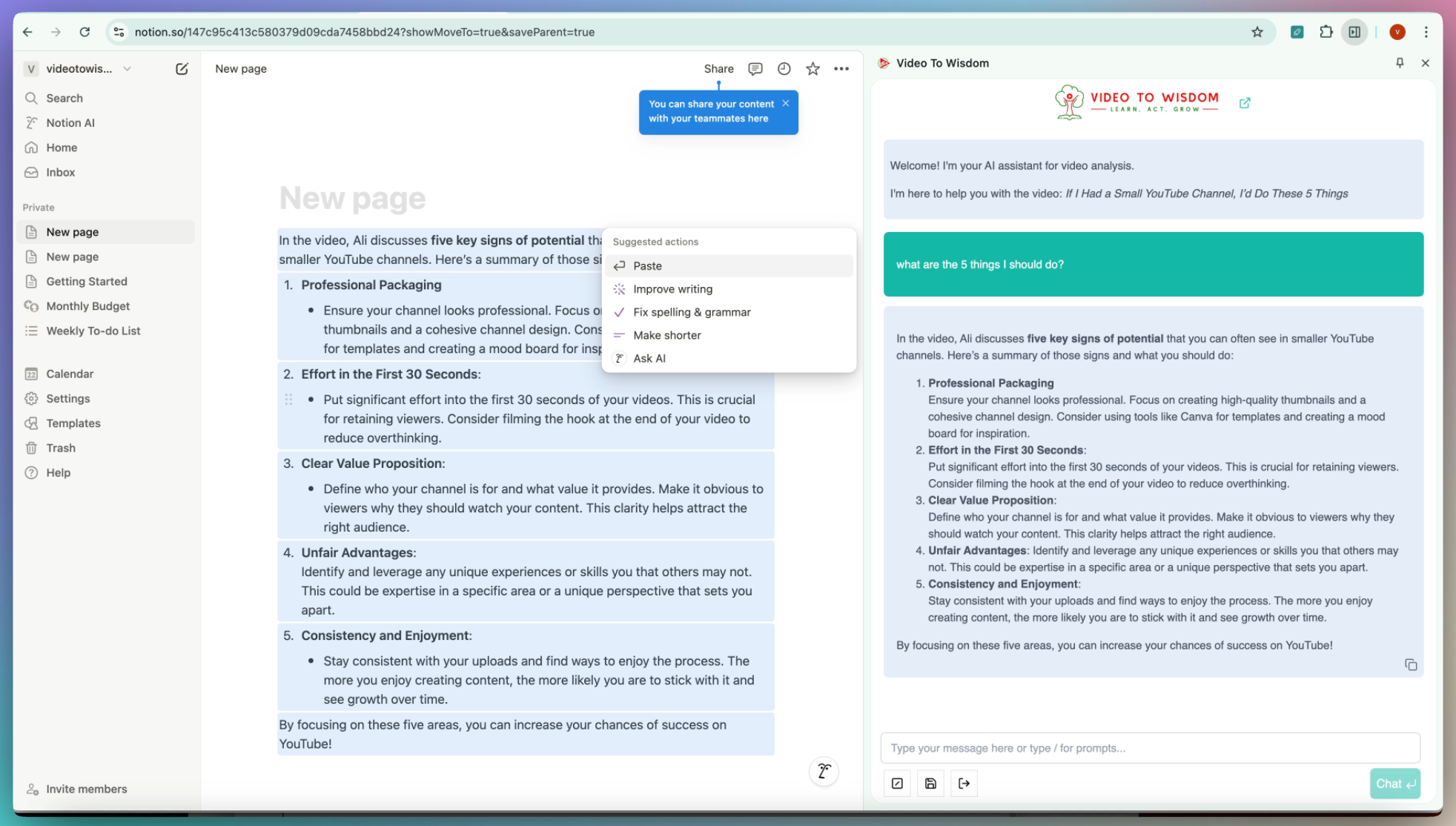 Video To Wisdom chrome extension save to notion 